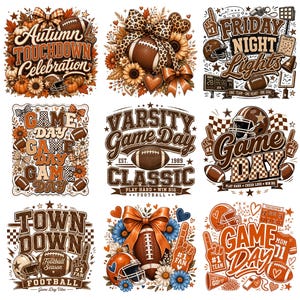Op de afbeelding: Een verzameling van negen grafische ontwerpen met American football-thema's, waaronder footballs, helmen, zonnebloemen, strikken en teksten zoals Autumn Touchdown Celebration, Friday Night Lights, Game Day, Varsity Classic en Town Down.