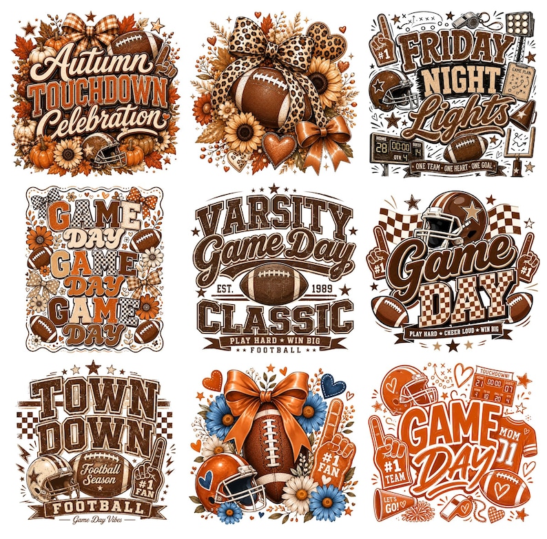 Op de afbeelding: Een verzameling van negen grafische ontwerpen met American football-thema's, waaronder footballs, helmen, zonnebloemen, strikken en teksten zoals Autumn Touchdown Celebration, Friday Night Lights, Game Day, Varsity Classic en Town Down.