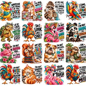 May include: A collection of sixteen colourful digital illustrations featuring various animals including ducks, cats, raccoons, parrots, turtles, roosters, flamingos, pandas, squirrels, bulldogs, and sloths, each paired with humorous text captions.