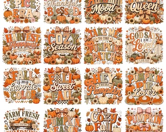 Könnte beinhalten: Eine Sammlung von sechzehn quadratischen Grafikdesigns mit herbstlichen Motiven, Kürbissen, Sonnenblumen und karierten Schleifen. Jedes Design enthält stilisierte Texte wie Pumpkin Spice Era, Harvest Queen, Cozy Season und Fall is My Favorite Color.