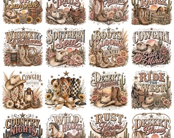Pacchetto di 34 immagini PNG a tema western, disegni per sublimazione da cowgirl, stivali da cowboy PNG, design per magliette country, rodeo western PNG, Howdy PNG, download digitale