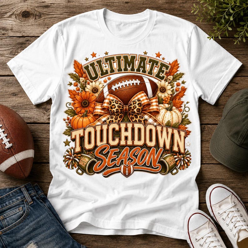 Op de afbeelding: Een wit t-shirt met een grafische print met de tekst "ULTIMATE TOUCHDOWN SEASON". Het ontwerp bevat een bruine football, oranje pompoenen, zonnebloemen, een strik met luipaardprint en twee pompons in een herfstachtig arrangement.