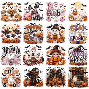May include: A collection of sixteen Halloween-themed illustrations featuring ghosts, pumpkins, bats, a puppy, a cat, and a mouse. The designs include text such as Boo, Boo Babe, Pumpkin Spice & Frights, Stay Spooky, Ghostly Greetings, Witch Please, and Too Cute To Spook.