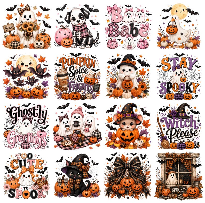 May include: A collection of sixteen Halloween-themed illustrations featuring ghosts, pumpkins, bats, a puppy, a cat, and a mouse. The designs include text such as Boo, Boo Babe, Pumpkin Spice & Frights, Stay Spooky, Ghostly Greetings, Witch Please, and Too Cute To Spook.