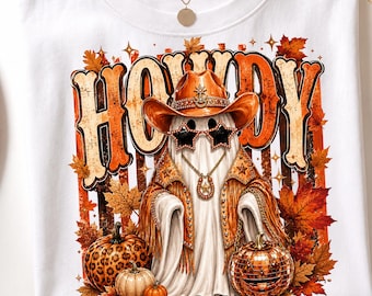 Howdy Ghost PNG, Western Halloween Ghost Sublimation, Cowgirl Fall Shirt Design, Cute Pumpkin Spooky Season PNG, Digital Download