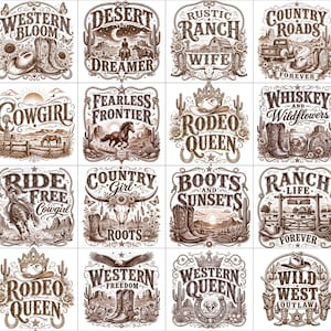 May include: A collection of sixteen square graphic designs featuring brown ink illustrations on a white background. Each design displays western-themed imagery including cowboy boots, hats, horses, cacti, and landscapes with text like Western Bloom, Desert Dreamer, and Rodeo Queen.