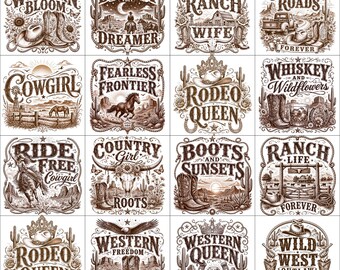 Pacchetto di 20 PNG Western, Cowgirl PNG, Sublimazione Regina del Rodeo, Clipart Country Western, Stivali da cowboy PNG, Download digitale Ranch rustico
