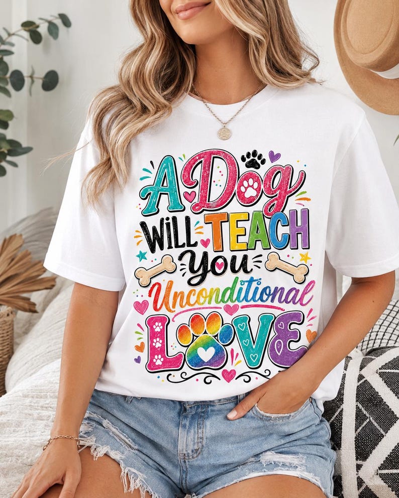 May include: A white short-sleeved t-shirt featuring a colorful graphic with the text A Dog WILL TEACH YOU Unconditional LOVE. The design includes paw prints, hearts, stars, and bone shapes in vibrant shades of pink, blue, yellow, and purple.