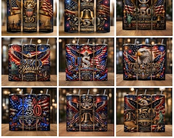 USA 250th Anniversary Tumbler Designs Bundle, 1776–2026 Patriotic Eagle PNG Wrap, American Flag 20oz Skinny Tumbler Sublimation
