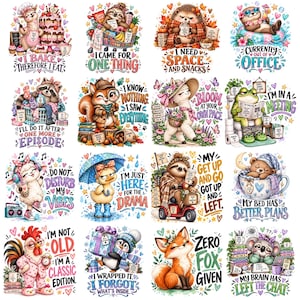 Op de afbeelding: Een verzameling van zestien kleurrijke cartoonillustraties met diverse dieren, waaronder een lama, luiaard, egel, otter, wasbeer, eekhoorn, kikker, eend, beer, haan, pinguïn, vos en koala, elk gecombineerd met humoristische tekstbijschriften.