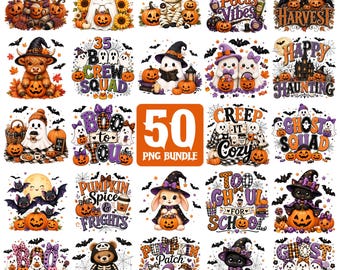 Pacchetto PNG di Halloween con 50 disegni, simpatici fantasmi per sublimazione, clipart di streghe e zucche, design per magliette autunnali, download immediato in formato PNG.