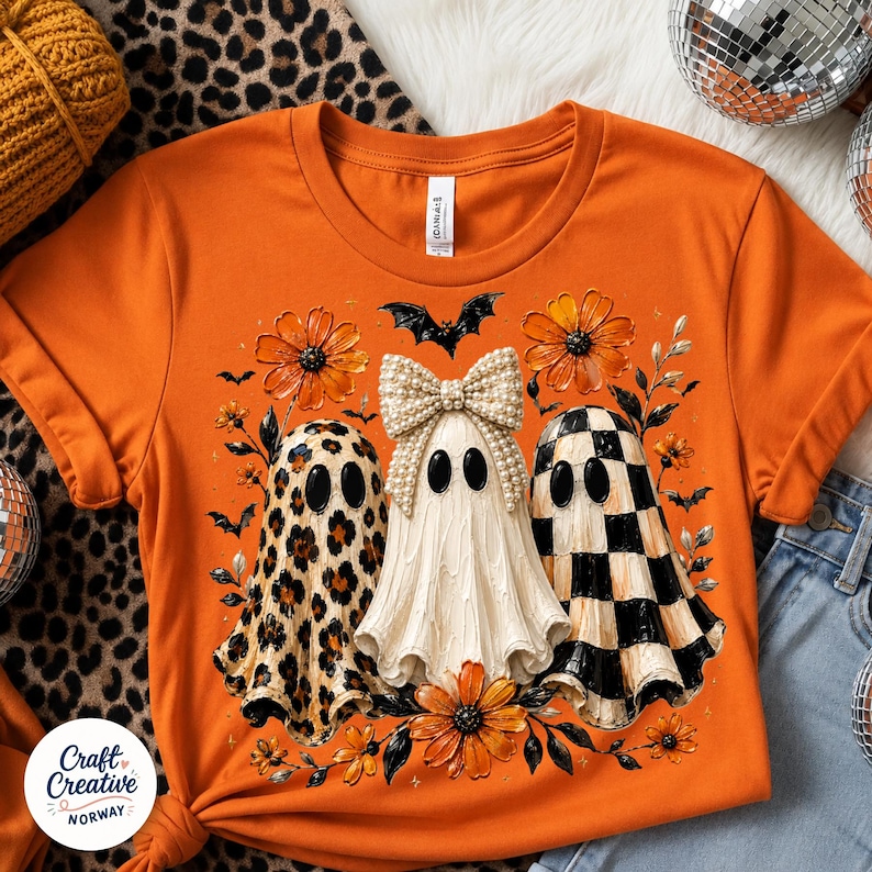 May include: An orange t-shirt featuring a graphic of three ghosts. The left ghost has a leopard print pattern, the center ghost wears a large pearl-embellished bow, and the right ghost has a black and white checkerboard pattern, surrounded by orange flowers and bats.