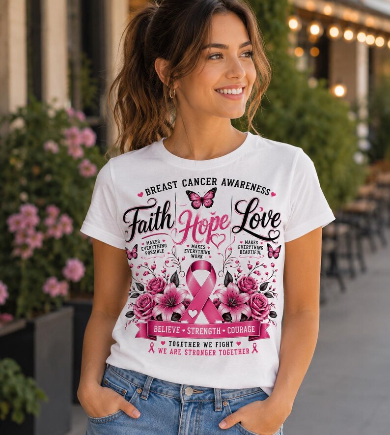 May include: White t-shirt with a pink ribbon and floral design, promoting breast cancer awareness. The shirt features the words "Faith, Hope, Love" and other supportive phrases. Butterflies and hearts accent the design.