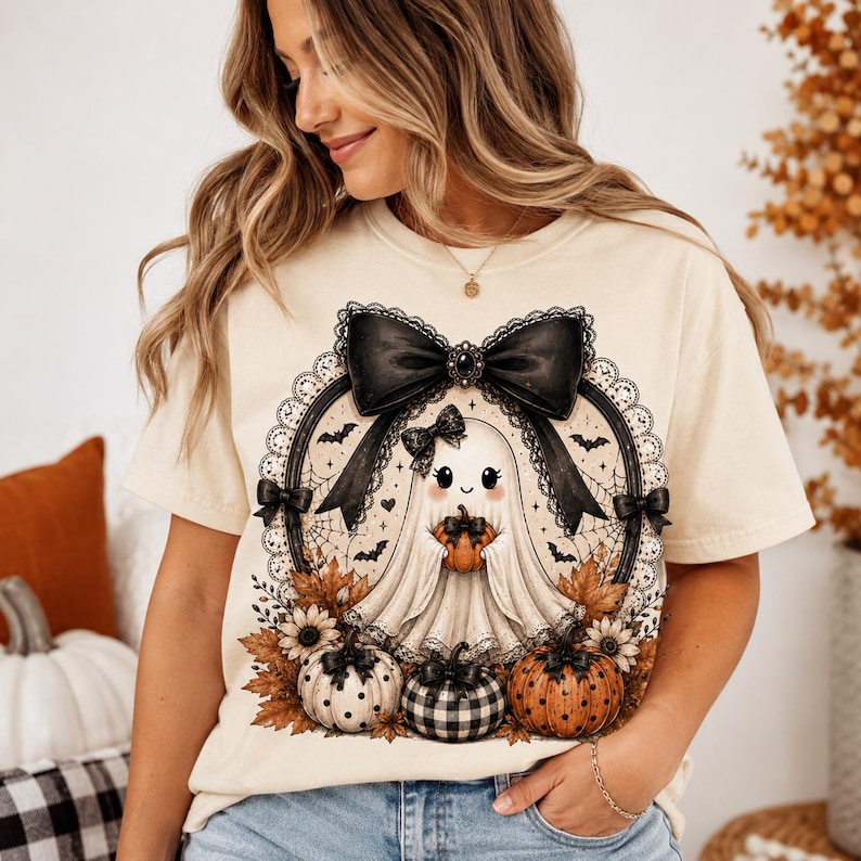 May include: A cream-colored short-sleeve t-shirt featuring a graphic of a white ghost holding a small orange pumpkin. The ghost is framed by a black lace border, a large black bow, and surrounded by autumn leaves, sunflowers, and pumpkins.
