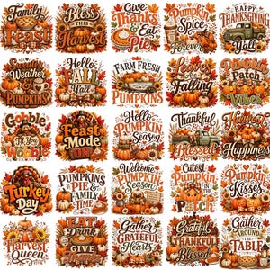 May include: A collection of twenty-five square autumn-themed graphic designs featuring pumpkins, turkeys, fall foliage, and harvest motifs with text including Family Feast, Give Thanks, Pumpkin Spice, and Harvest Happiness in warm orange and brown tones.