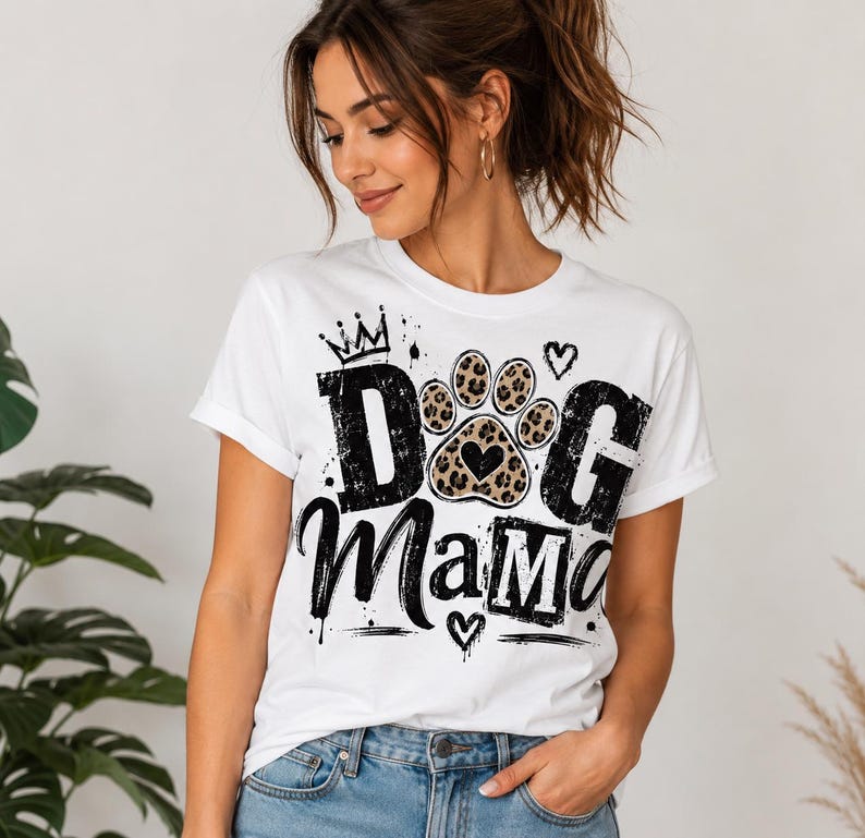 May include: White t-shirt with the text "DOG Mama" in black, featuring a paw print with a leopard print design and a heart. The design also includes a crown and hearts. The shirt is worn by a person.