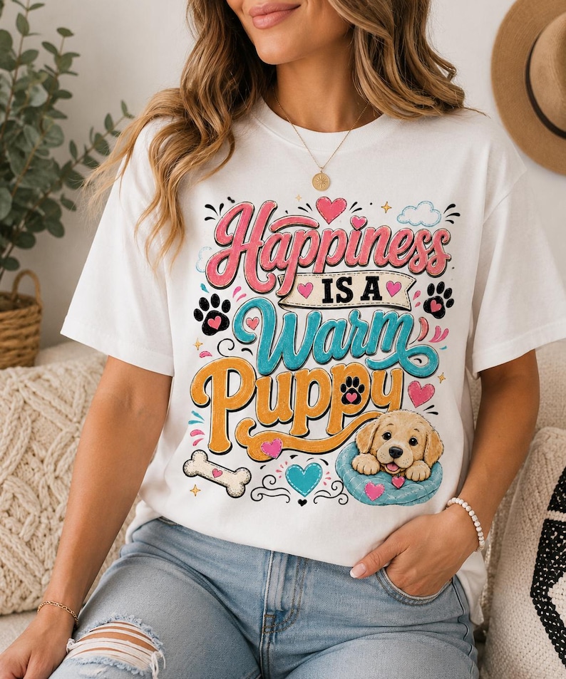 May include: A white short-sleeved t-shirt featuring a colorful graphic print with the text "Happiness IS A Warm Puppy". The design includes a golden puppy resting in a blue bed, paw prints, hearts, and a bone, rendered in pink, blue, and orange.