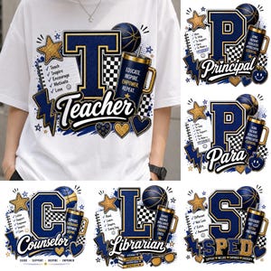 May include: A white t-shirt featuring a graphic design with a large navy blue letter T, a checklist with text including Teach, Inspire, Encourage, Motivate, and Love, a navy blue tumbler with text, a basketball, gold stars, and the word Teacher.