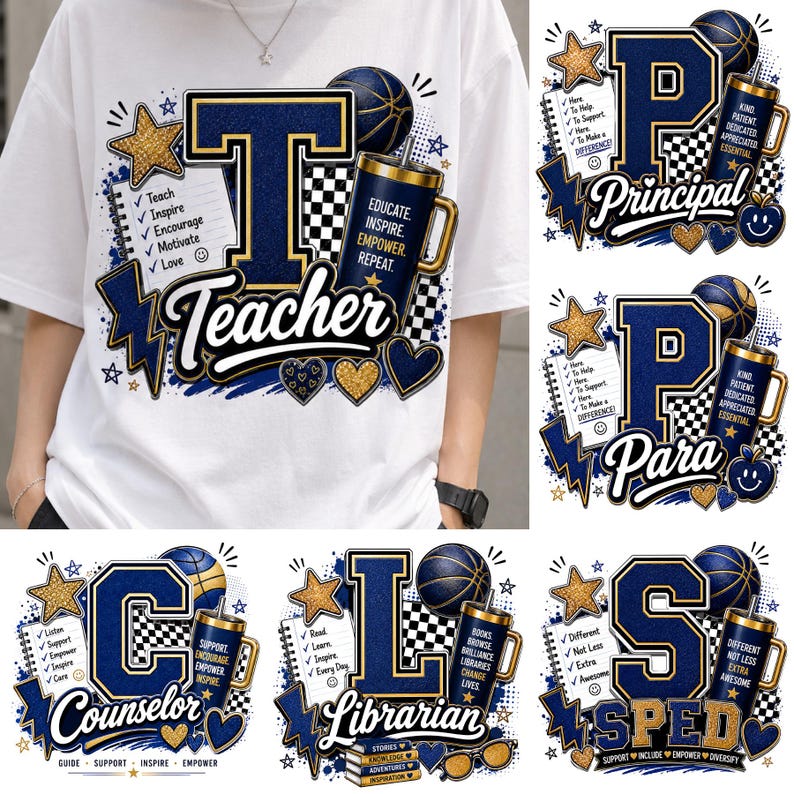 K&ouml;nnte beinhalten: Ein wei&szlig;es T-Shirt mit einem Grafikdesign, das einen gro&szlig;en dunkelblauen Buchstaben T, eine Checkliste mit Text wie Teach, Inspire, Encourage, Motivate, Love, einen dunkelblauen Becher mit Text, einen Basketball und goldene Sterne zeigt.