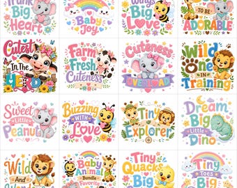 Baby Quote PNG Bundle, Cute Baby Animal Sublimation PNG, Newborn Onesie Design, Nursery Decor, Kids T-Shirt Design, Commercial Use