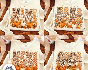 Preppy Fall Mama Nana Mimi Gigi PNG Bundle, Floral Pumpkin Bow Sublimation, Coquette Autumn Shirt Design, Pumpkin Spice PNG Digital Download