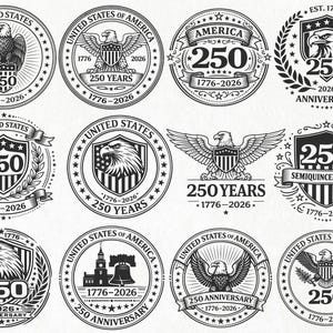 May include: A collection of black and white illustrations featuring the number 250, eagles, shields, and the years 1776-2026. Designs include the words "United States of America", "America", "Anniversary", and "Semiquincentennial".