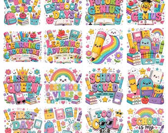 Puede incluir: Una colección de dieciséis pegatinas coloridas con ilustraciones de temática escolar que incluyen mochilas, lápices, libros, arcoíris y textos como Back to School, Future Genius, Learning Adventure, Classroom Queen y School Squad.