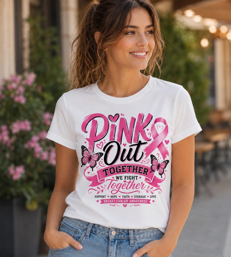 May include: White t-shirt with a pink design that reads "Pink Out Together" with a pink ribbon and butterflies. The shirt also includes the text "We Fight Together" and the words "Support, Hope, Faith, Courage, Love, Breast Cancer Awareness."