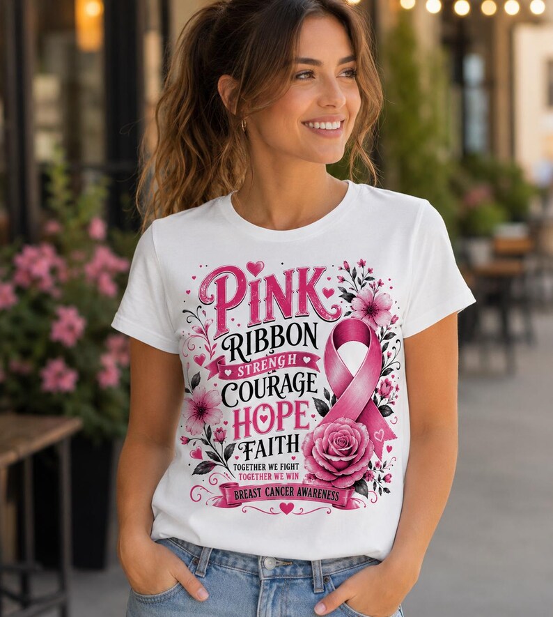 May include: White t-shirt with a pink ribbon design, floral accents, and the words "Pink Ribbon Strength Courage Hope Faith" and "Breast Cancer Awareness". The design includes a pink ribbon and a pink rose.