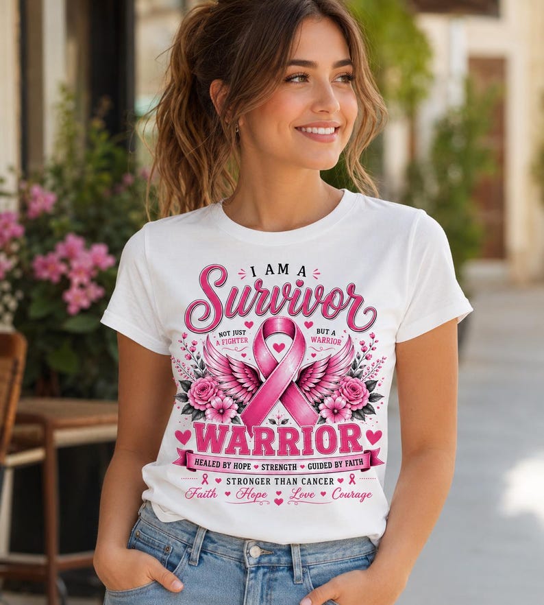 May include: White t-shirt with a pink ribbon design and the words "I AM A Survivor" in a decorative font. The design includes the word "WARRIOR" and the phrases "Healed by Hope" and "Stronger Than Cancer."