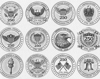 Pacchetto SVG per il 250° anniversario degli Stati Uniti, SVG per il semiquincentenario dal 1776 al 2026, Design del sigillo distintivo patriottico, File di taglio dell'aquila americana