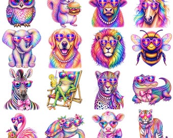 Pacchetto di clipart PNG di animali alla moda, PNG estivi preppy, grafica PNG di animali divertenti, grafica PNG di animali popolari per ragazze, PNG di bambini piccoli carini