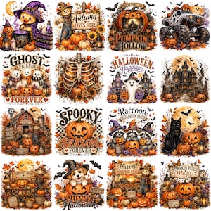 May include: A collection of sixteen digital illustrations featuring Halloween themes including pumpkins, ghosts, scarecrows, black cats, raccoons, and skeletons, with various text elements like Pumpkin Hollow, Spooky Season, and Harvest Moon.