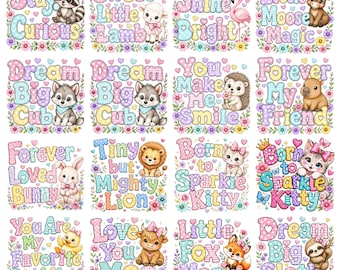 Pacchetto di 28 immagini PNG di simpatici animali per la cameretta dei bambini, disegni per sublimazione per bambini, animali pastello per bambini, citazioni carine in formato PNG, design per magliette, download digitale