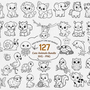 May include: A collection of 127 cute animal line art illustrations in SVG and PNG formats. The black and white drawings include a monkey, bear, lion, fox, elephant, zebra, tiger, deer, dog, squirrel, and many more.