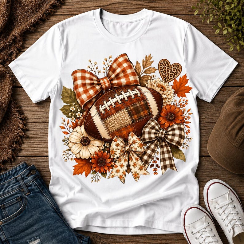 Op de afbeelding: Een wit t-shirt met korte mouwen en een centrale afbeelding van een bruine football met een ruitpatroon, omringd door oranje en witte bloemen, herfstbladeren, een hart met luipaardprint en drie decoratieve strikken met ruit- en bloemmotieven.