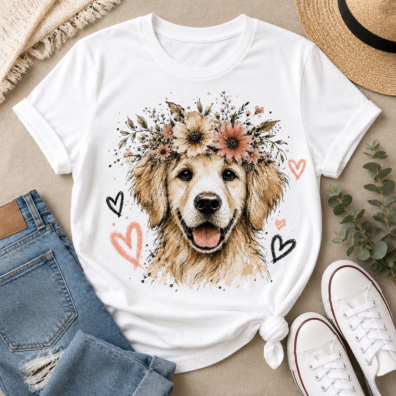 May include: White t-shirt featuring a watercolor illustration of a Golden Retriever wearing a floral crown. The design includes pink and black hearts. The shirt is paired with blue jeans and white sneakers.
