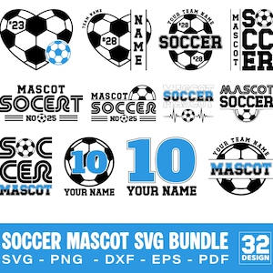 Könnte beinhalten: Eine Sammlung von Fußball-SVG-Designs in Schwarz und Weiß mit blauen Akzenten. Designs umfassen Fußbälle, Herzformen und Textelemente wie "Soccer", "Mascot" und Zahlen. Der untere Banner lautet "Soccer Mascot SVG Bundle."