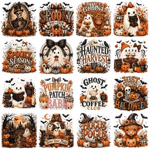 May include: A collection of sixteen Halloween-themed digital illustrations featuring ghosts, skeletons, pumpkins, sunflowers, and bats. Designs include text such as Spooky Boo Crew, Haunted Harvest, Pumpkin Patch Babe, Ghost Coffee Club, and Hocus Pocus.