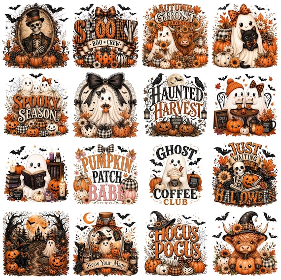 Halloween PNG Bundle 40 Designs, Cute Ghost Pumpkin Sublimation Spooky Season Fall PNG Autumn Harvest Vintage Halloween Shirt Design Digital