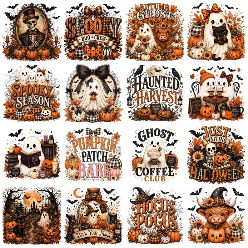 May include: A collection of sixteen Halloween-themed digital illustrations featuring ghosts, skeletons, pumpkins, sunflowers, and bats. Designs include text such as Spooky Boo Crew, Haunted Harvest, Pumpkin Patch Babe, Ghost Coffee Club, and Hocus Pocus.