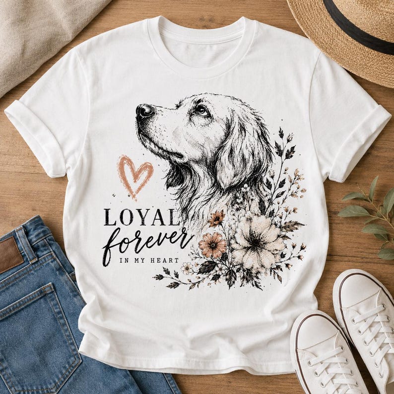 May include: White t-shirt featuring a detailed illustration of a dog's face, accompanied by floral accents and the words "LOYAL forever IN MY HEART" in a script font. The shirt is paired with blue jeans and white sneakers.