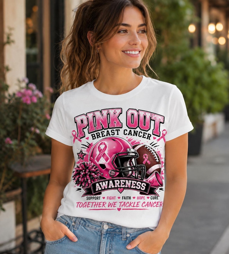 May include: White t-shirt with a pink and black graphic design promoting breast cancer awareness. The design includes a pink football helmet, a football, and the words "PINK OUT BREAST CANCER". The shirt also has the words "AWARENESS" and "TOGETHER WE TACKLE CANCER".