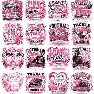 May include: A collection of pink breast cancer awareness designs. The designs include pink ribbons, flowers, butterflies, and text such as "Survivor", "Faith Over Fear", and "Football Mom". The theme is breast cancer awareness and support.