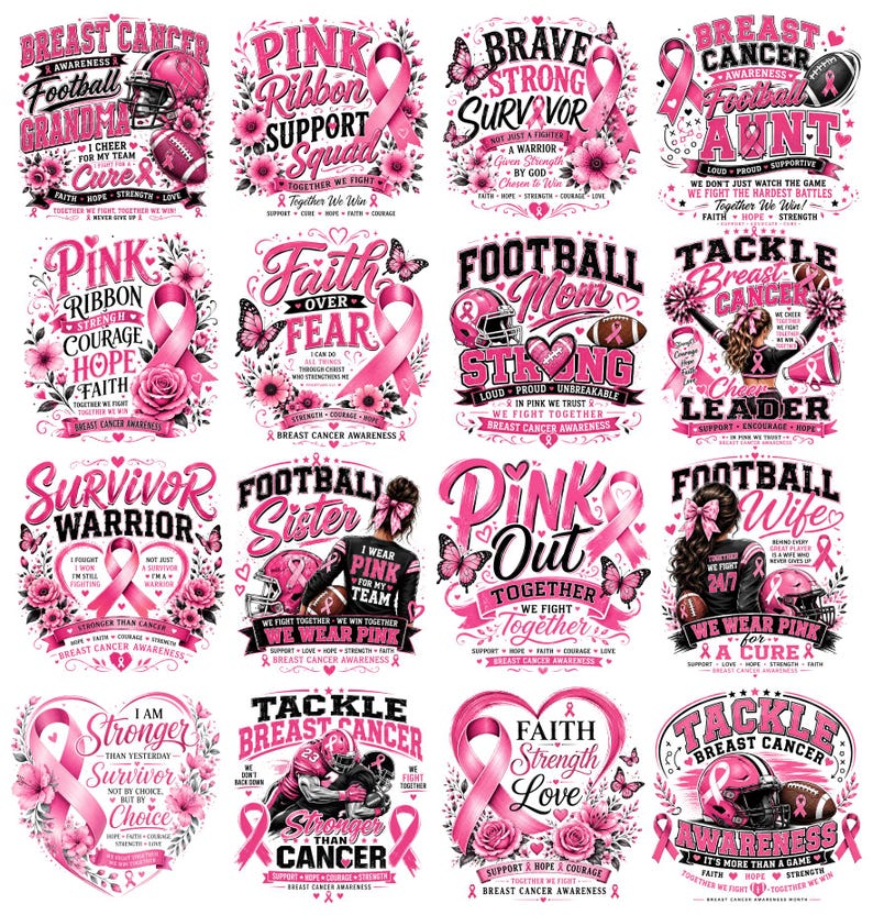 May include: A collection of pink breast cancer awareness designs. The designs include pink ribbons, flowers, butterflies, and text such as "Survivor", "Faith Over Fear", and "Football Mom". The theme is breast cancer awareness and support.