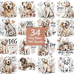 May include: A collection of 34 digital PNG images featuring various dog breeds. Each image showcases dogs with floral accents, hearts, and text like "Dog Mom" and "Paws and Love." The color palette includes soft browns, pinks, and greens.