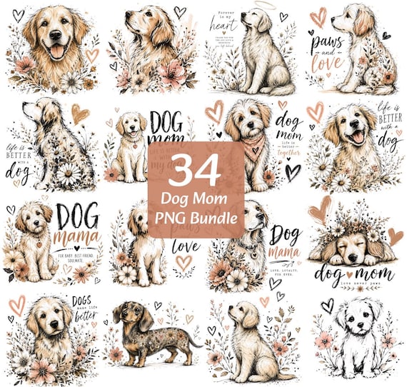 34 Dog Mom PNG Bundle, Dog Mama Sublimation Designs, Golden Retriever Clipart, Floral Dog Lover PNG, Fur Mama Shirt Design, Stickers