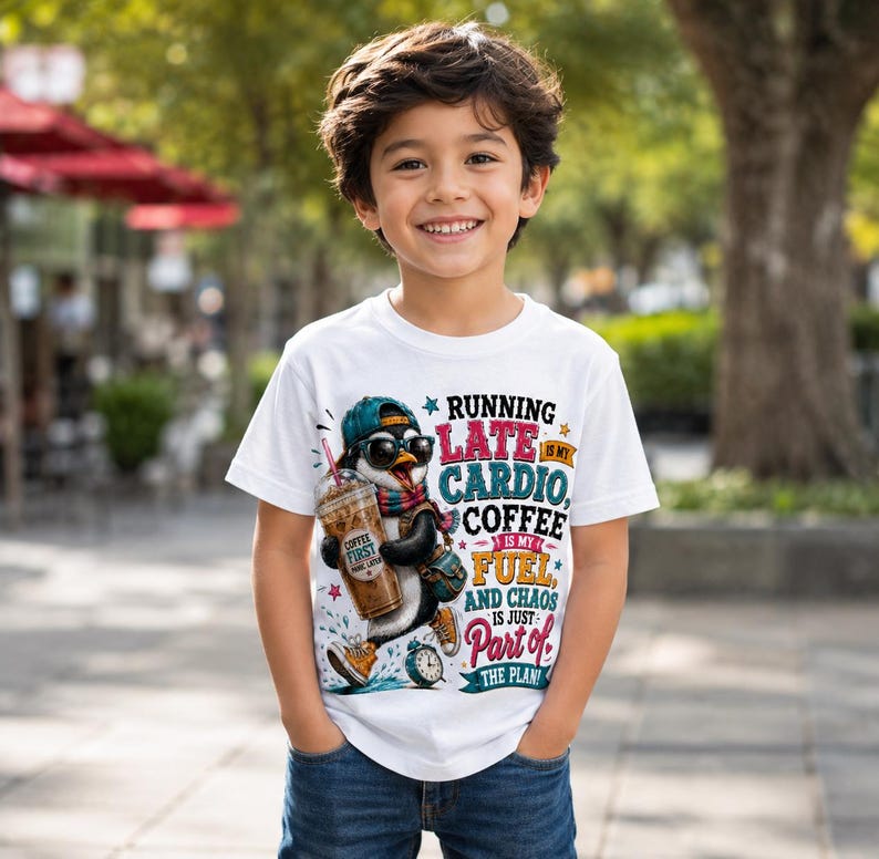 K&ouml;nnte beinhalten: Ein wei&szlig;es kurz&auml;rmeliges T-Shirt mit einer Grafik eines Pinguins, der eine Sonnenbrille, eine M&uuml;tze und einen Schal tr&auml;gt und einen Eiskaffee h&auml;lt. Der Text lautet: RUNNING LATE IS MY CARDIO, COFFEE IS MY FUEL, AND CHAOS IS JUST PART OF THE PLAN.