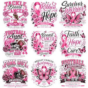 May include: A collection of pink breast cancer awareness designs. The designs include ribbons, flowers, football helmets, and text such as "Survivor Warrior", "Football Aunt", and "Pink Out Breast Cancer".