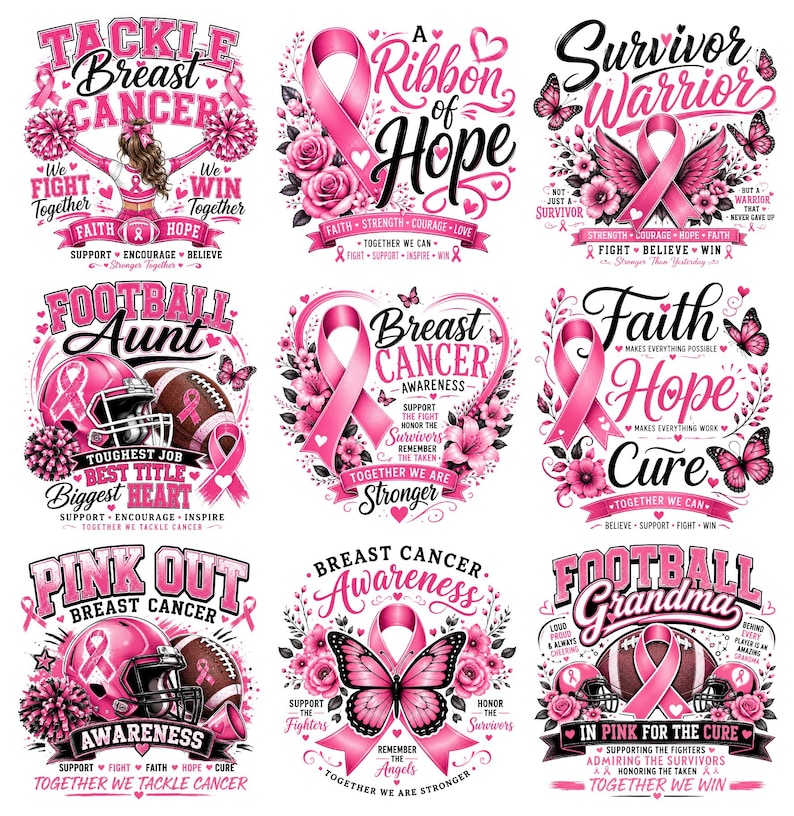 May include: A collection of pink breast cancer awareness designs. The designs include ribbons, flowers, football helmets, and text such as "Survivor Warrior", "Football Aunt", and "Pink Out Breast Cancer".